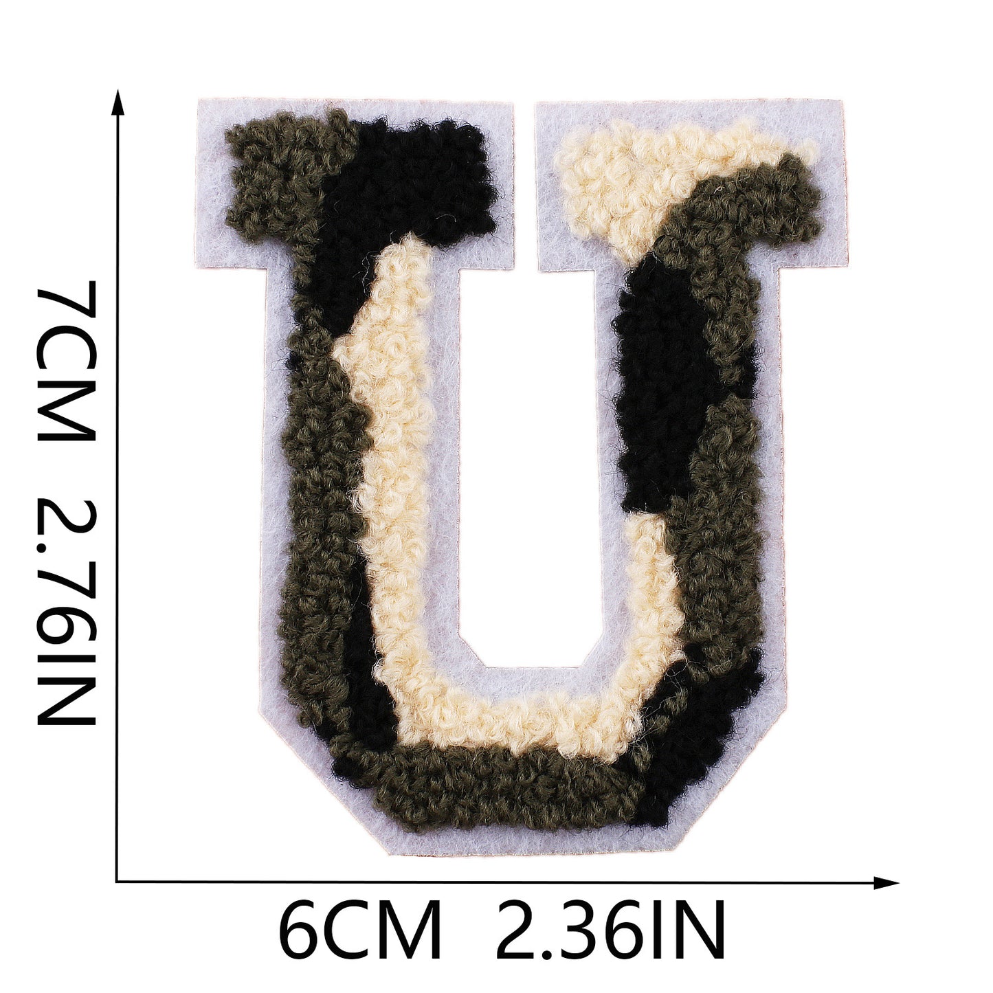 Iron-On Chenille Letter Patch – 7cm Tall, White Base with Camo Mix Letter