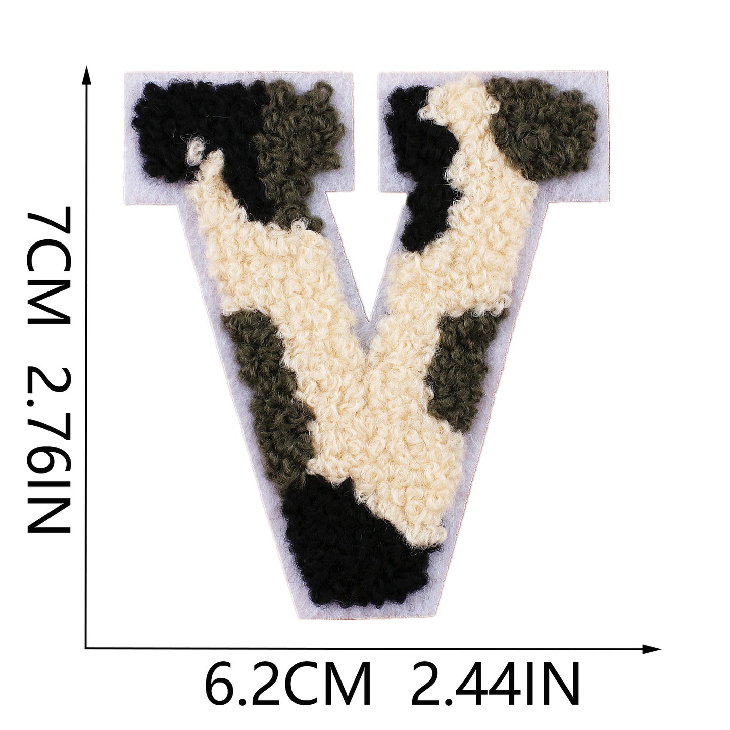 Iron-On Chenille Letter Patch – 7cm Tall, White Base with Camo Mix Letter