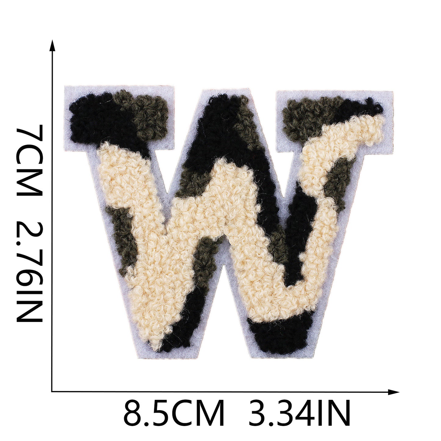 Iron-On Chenille Letter Patch – 7cm Tall, White Base with Camo Mix Letter