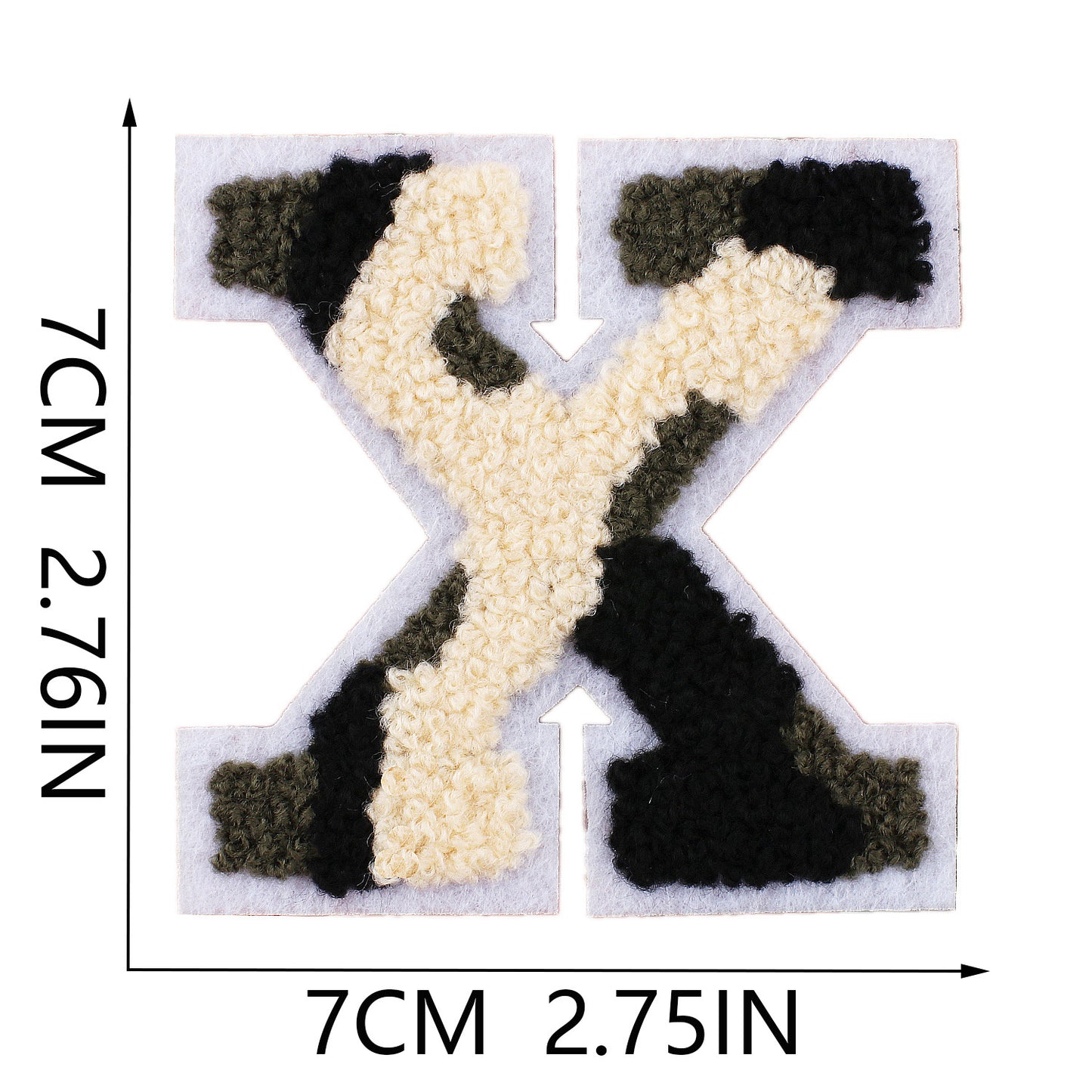 Iron-On Chenille Letter Patch – 7cm Tall, White Base with Camo Mix Letter