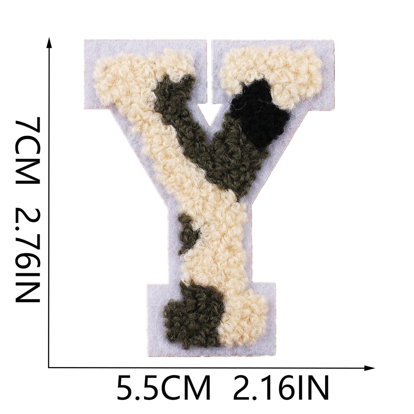 Iron-On Chenille Letter Patch – 7cm Tall, White Base with Camo Mix Letter