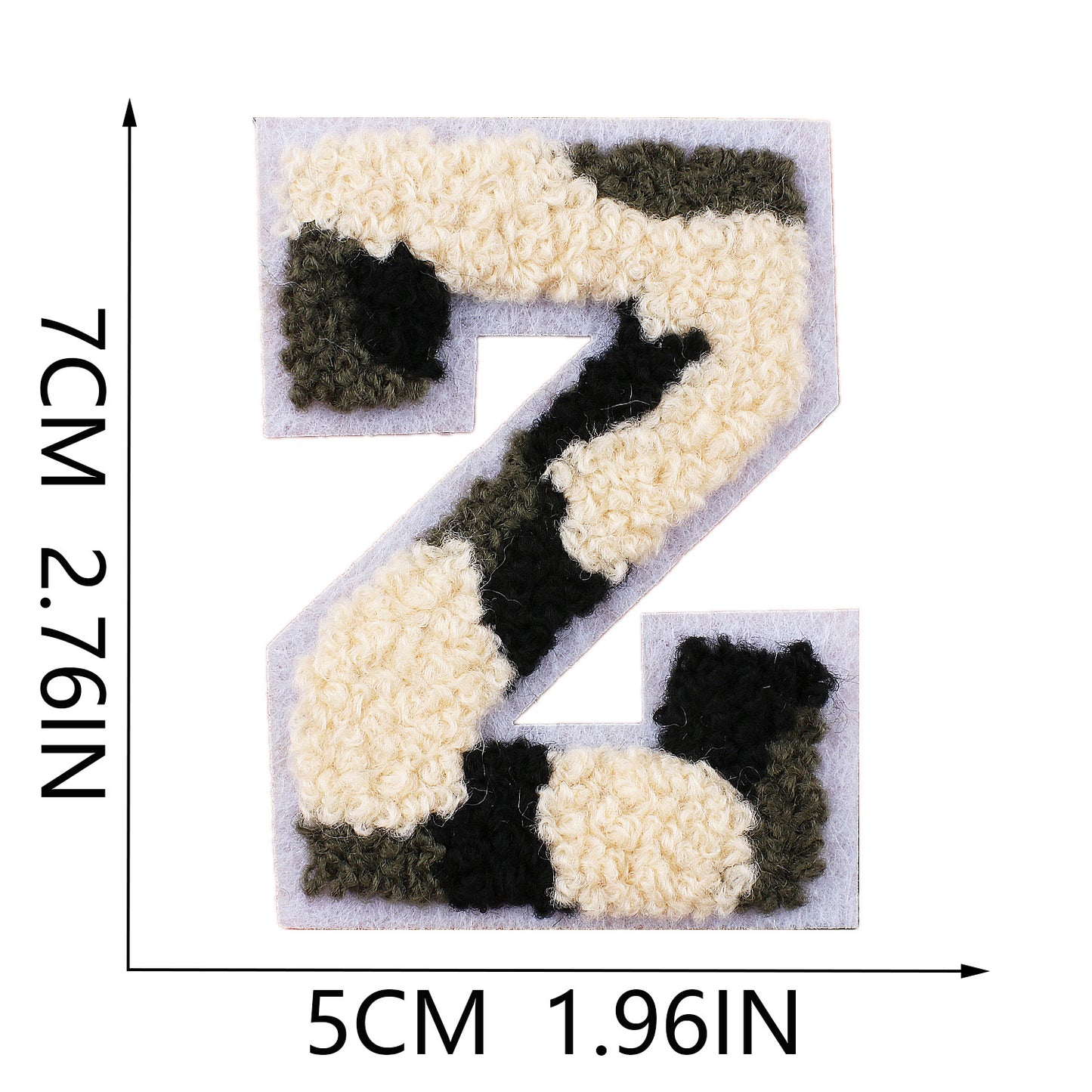 Iron-On Chenille Letter Patch – 7cm Tall, White Base with Camo Mix Letter