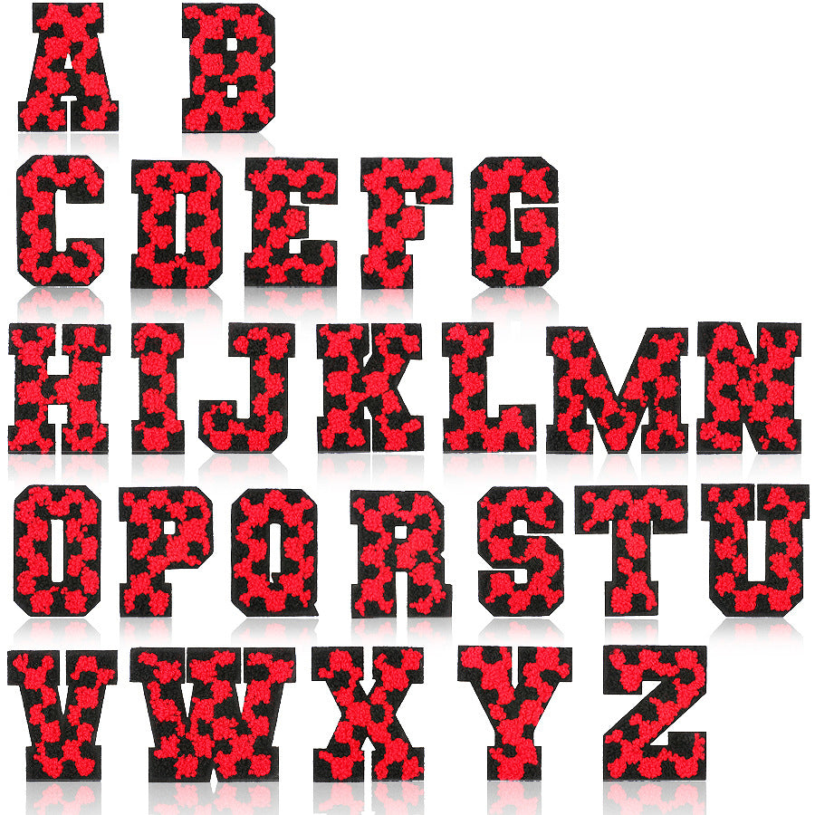 Iron-On Chenille Letter Patch – 6cm Tall, Black Base with Red Camo Dot Letter