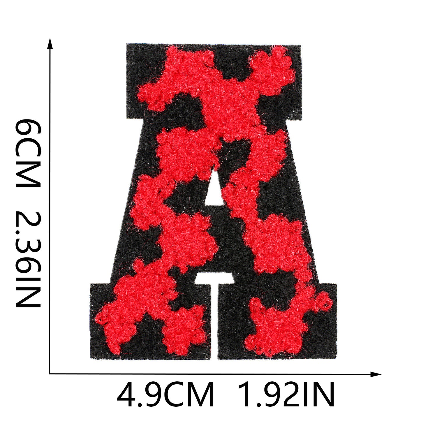 Iron-On Chenille Letter Patch – 6cm Tall, Black Base with Red Camo Dot Letter