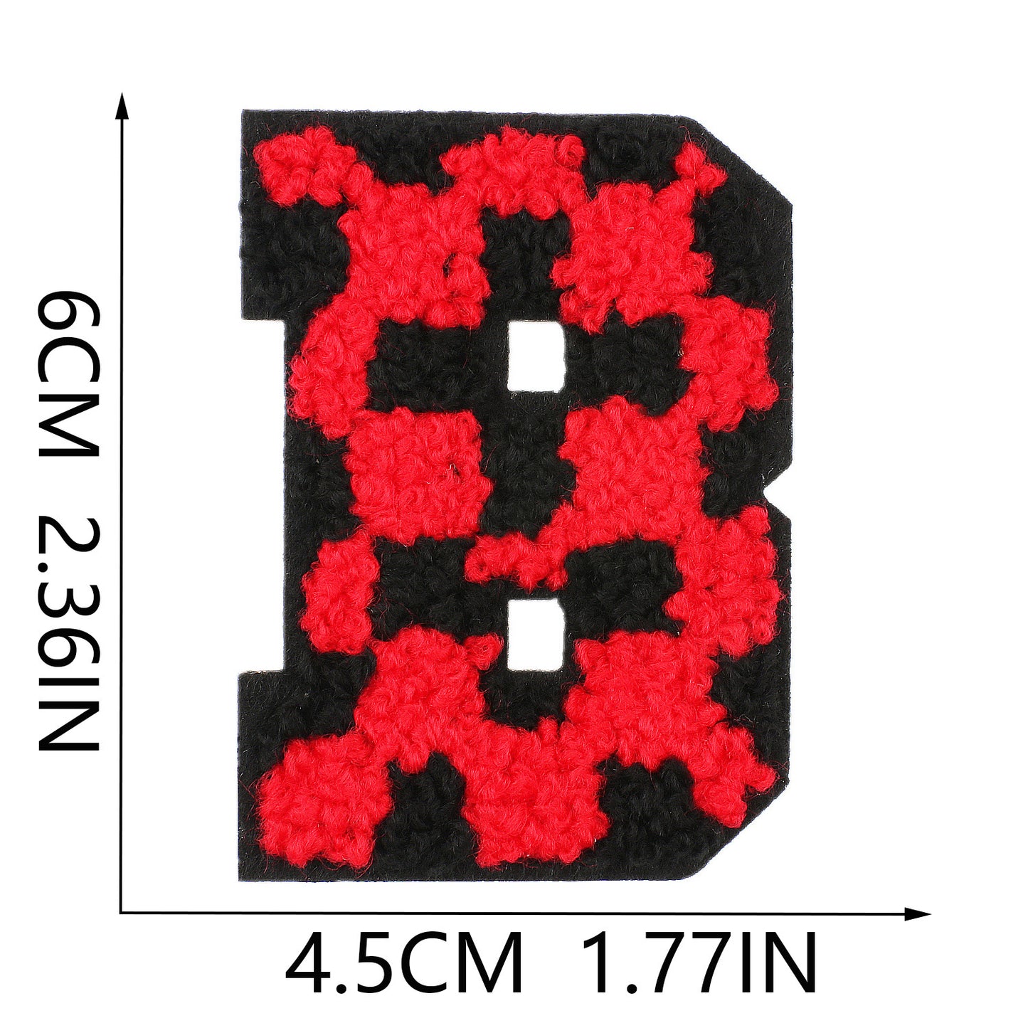 Iron-On Chenille Letter Patch – 6cm Tall, Black Base with Red Camo Dot Letter