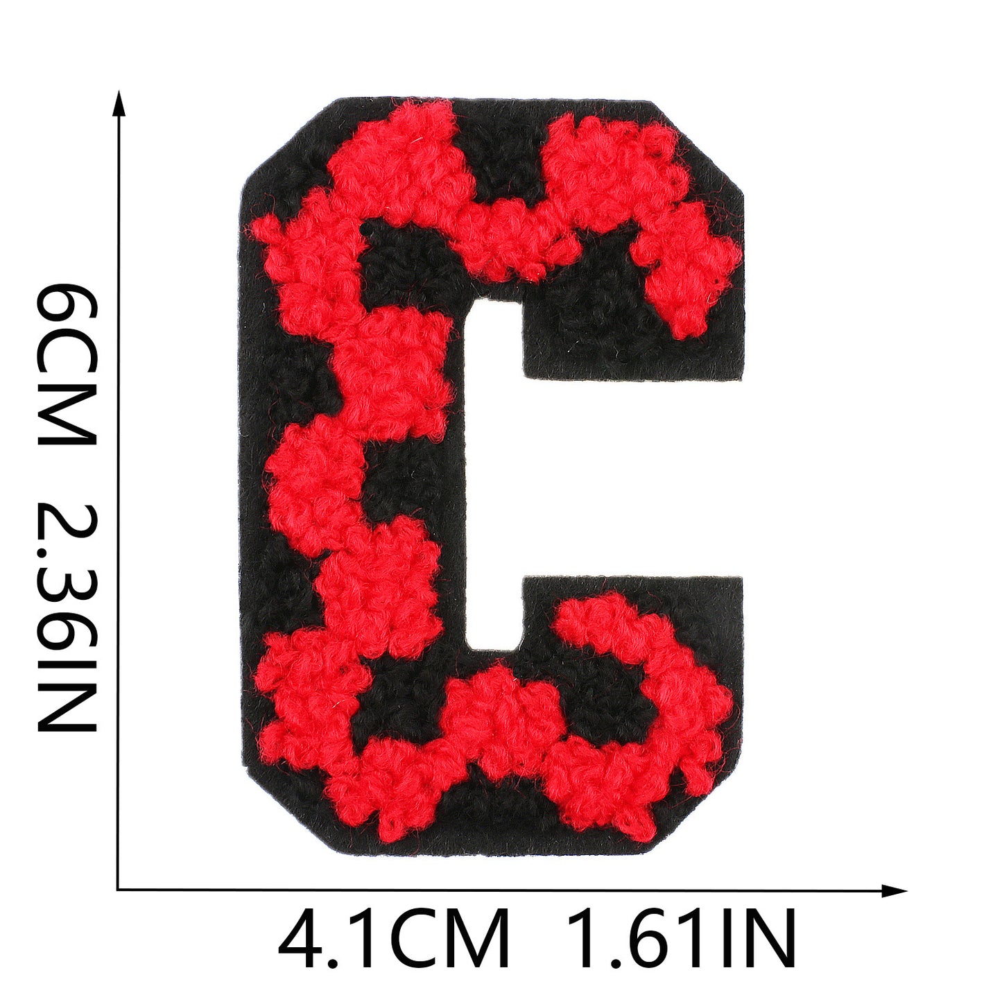 Iron-On Chenille Letter Patch – 6cm Tall, Black Base with Red Camo Dot Letter