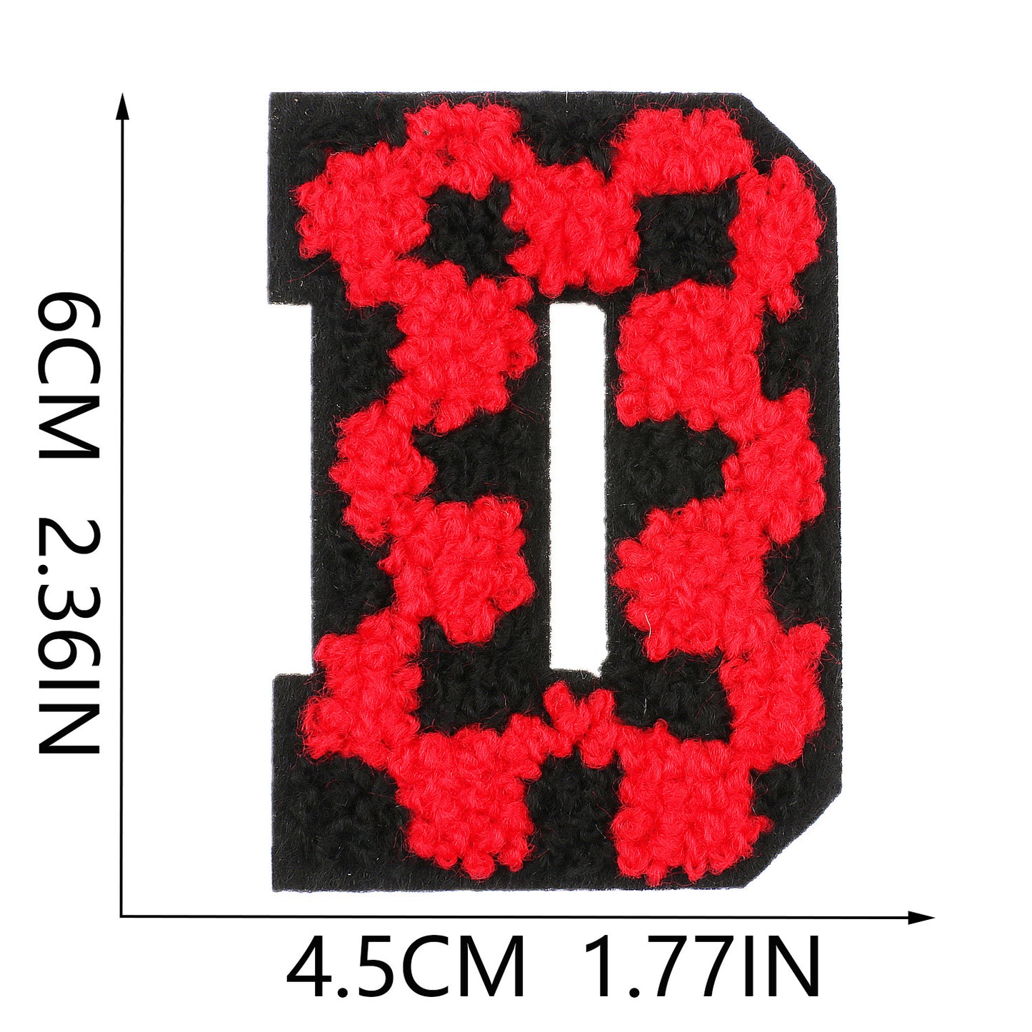 Iron-On Chenille Letter Patch – 6cm Tall, Black Base with Red Camo Dot Letter