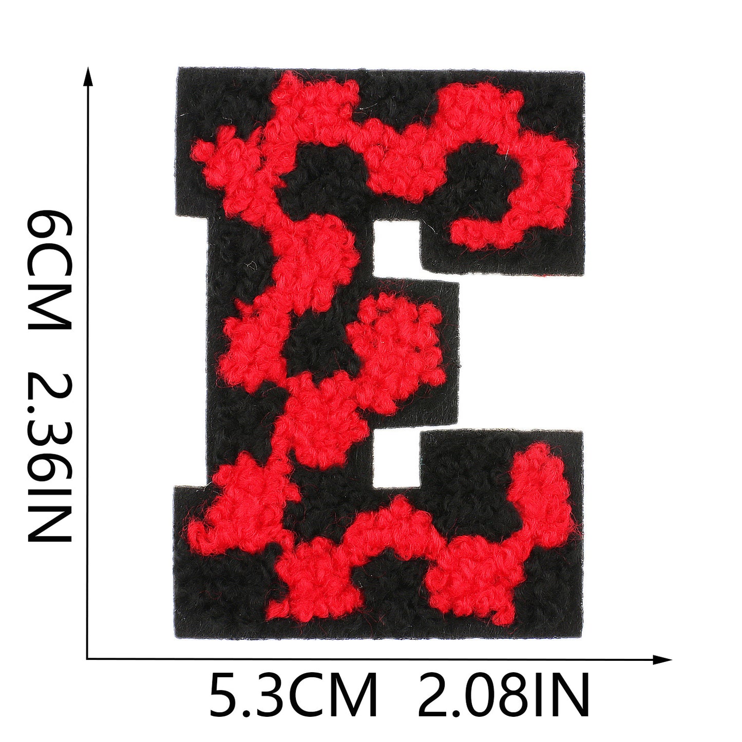 Iron-On Chenille Letter Patch – 6cm Tall, Black Base with Red Camo Dot Letter