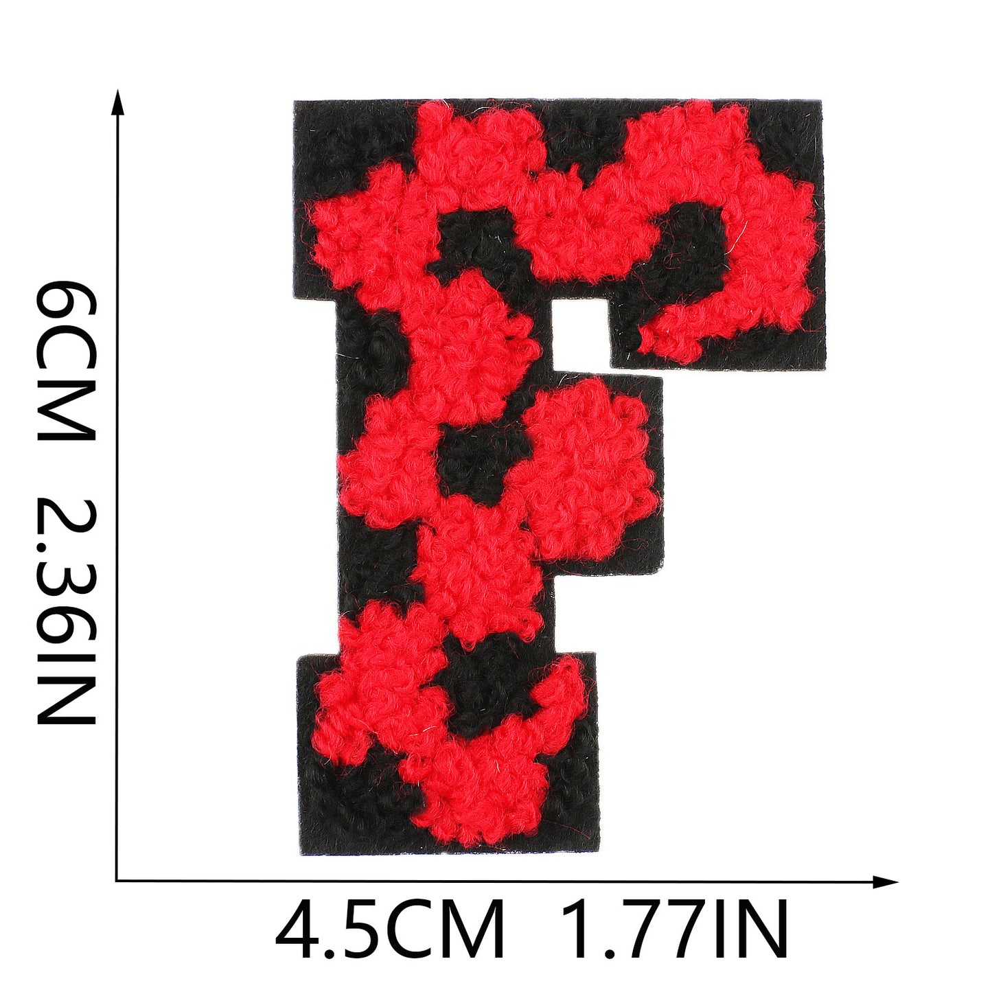 Iron-On Chenille Letter Patch – 6cm Tall, Black Base with Red Camo Dot Letter