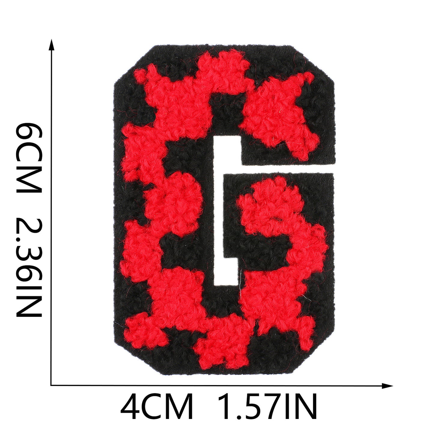Iron-On Chenille Letter Patch – 6cm Tall, Black Base with Red Camo Dot Letter