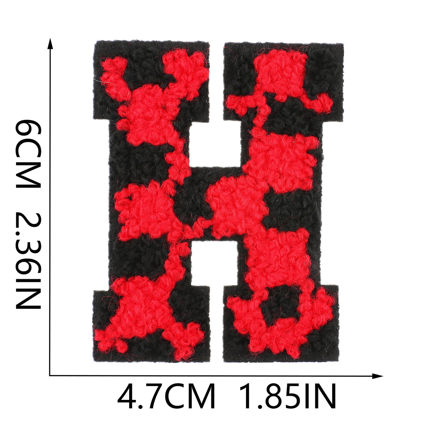 Iron-On Chenille Letter Patch – 6cm Tall, Black Base with Red Camo Dot Letter