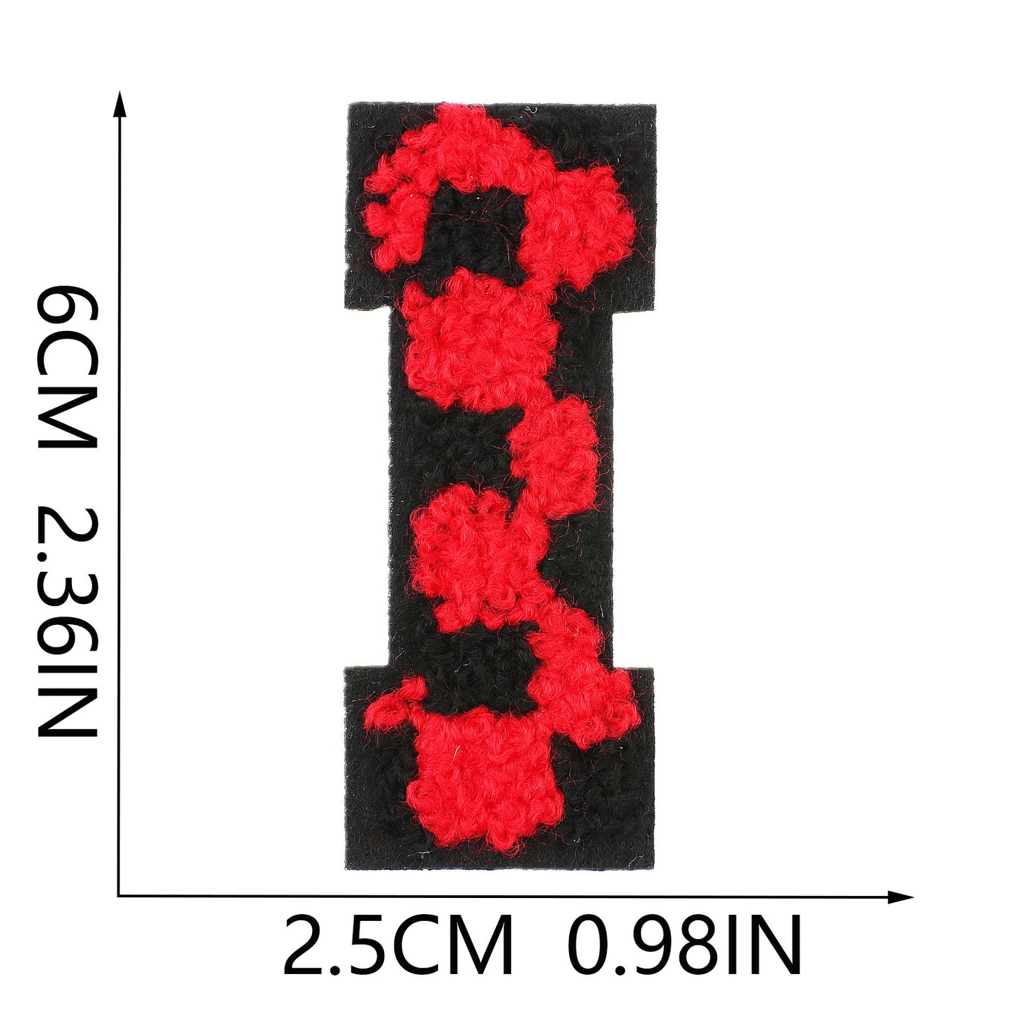 Iron-On Chenille Letter Patch – 6cm Tall, Black Base with Red Camo Dot Letter