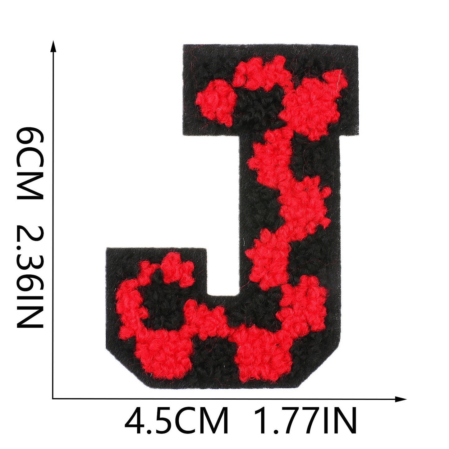 Iron-On Chenille Letter Patch – 6cm Tall, Black Base with Red Camo Dot Letter