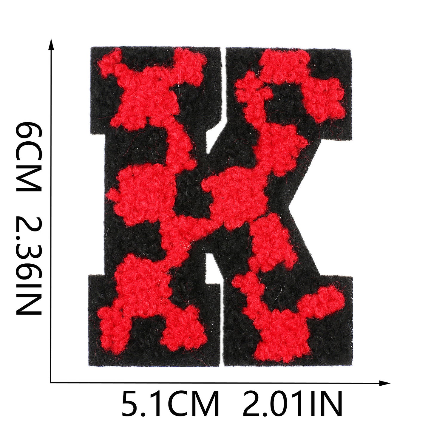 Iron-On Chenille Letter Patch – 6cm Tall, Black Base with Red Camo Dot Letter