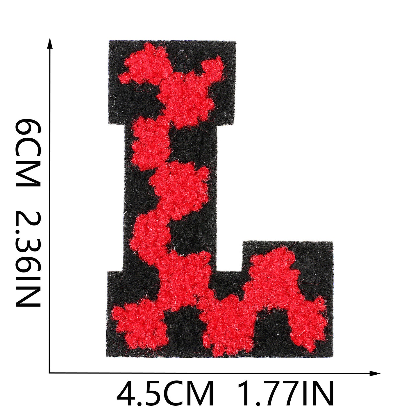 Iron-On Chenille Letter Patch – 6cm Tall, Black Base with Red Camo Dot Letter