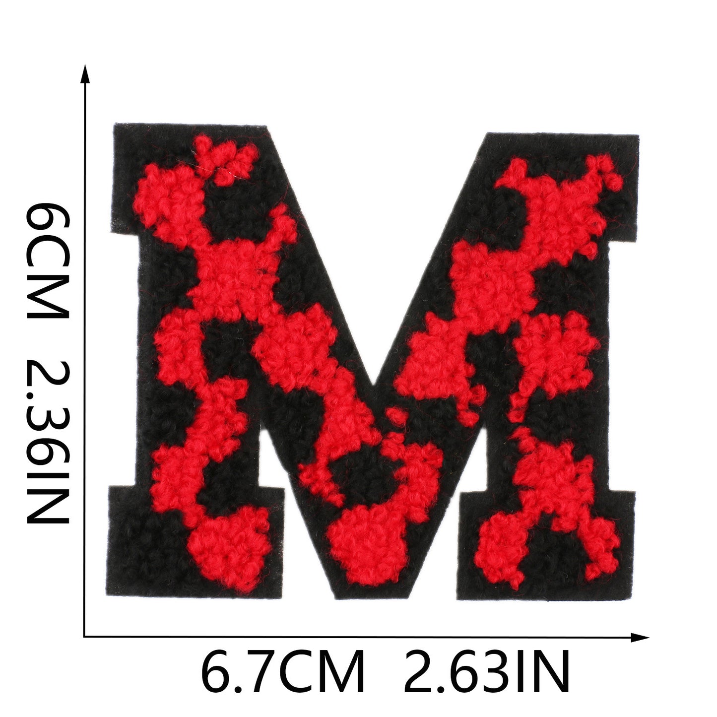 Iron-On Chenille Letter Patch – 6cm Tall, Black Base with Red Camo Dot Letter