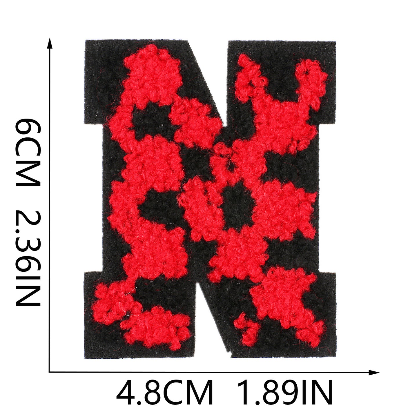 Iron-On Chenille Letter Patch – 6cm Tall, Black Base with Red Camo Dot Letter