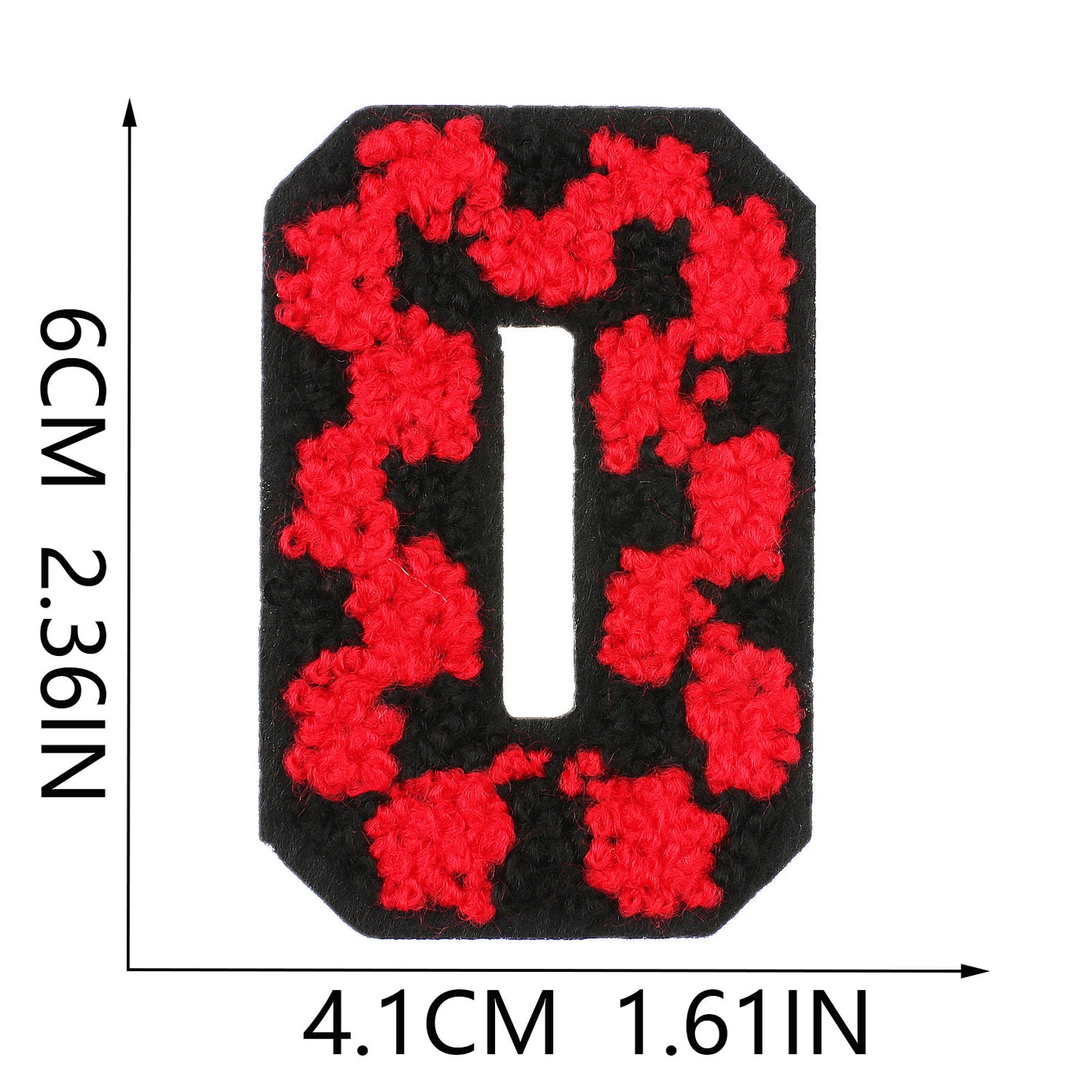 Iron-On Chenille Letter Patch – 6cm Tall, Black Base with Red Camo Dot Letter