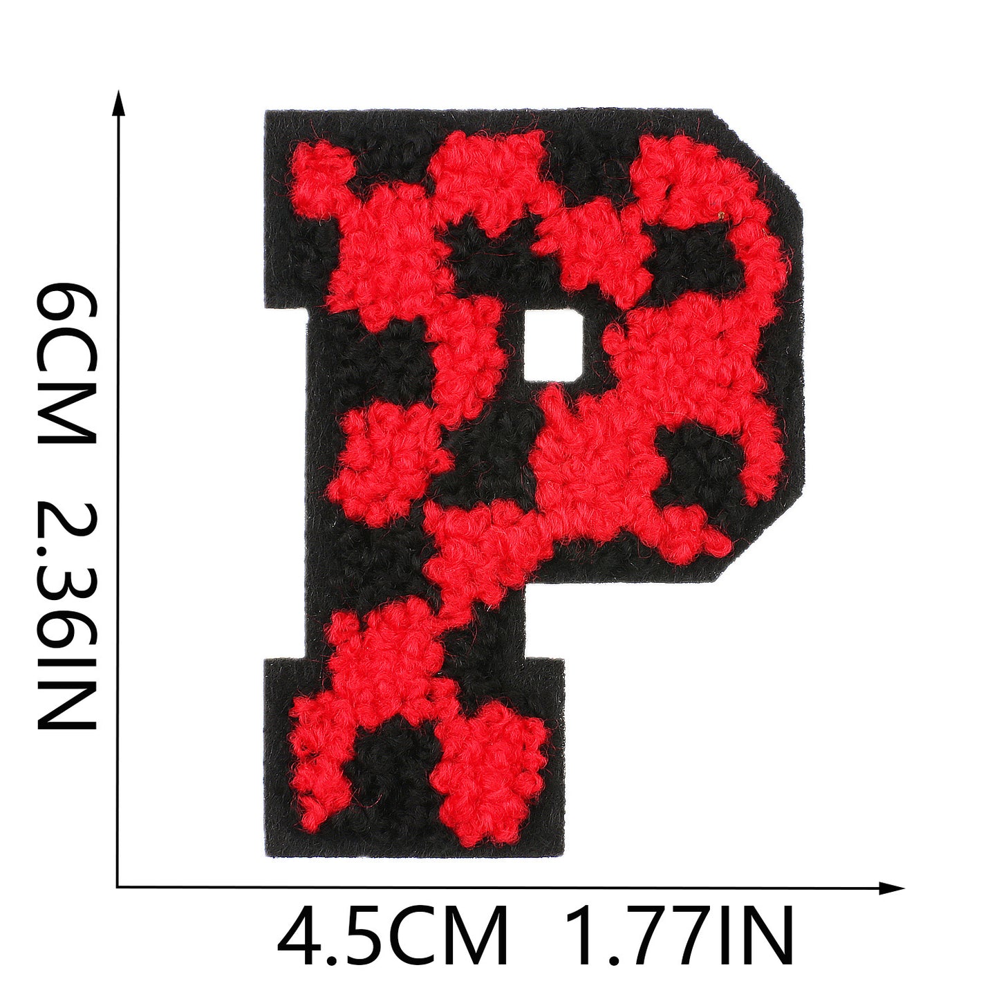 Iron-On Chenille Letter Patch – 6cm Tall, Black Base with Red Camo Dot Letter