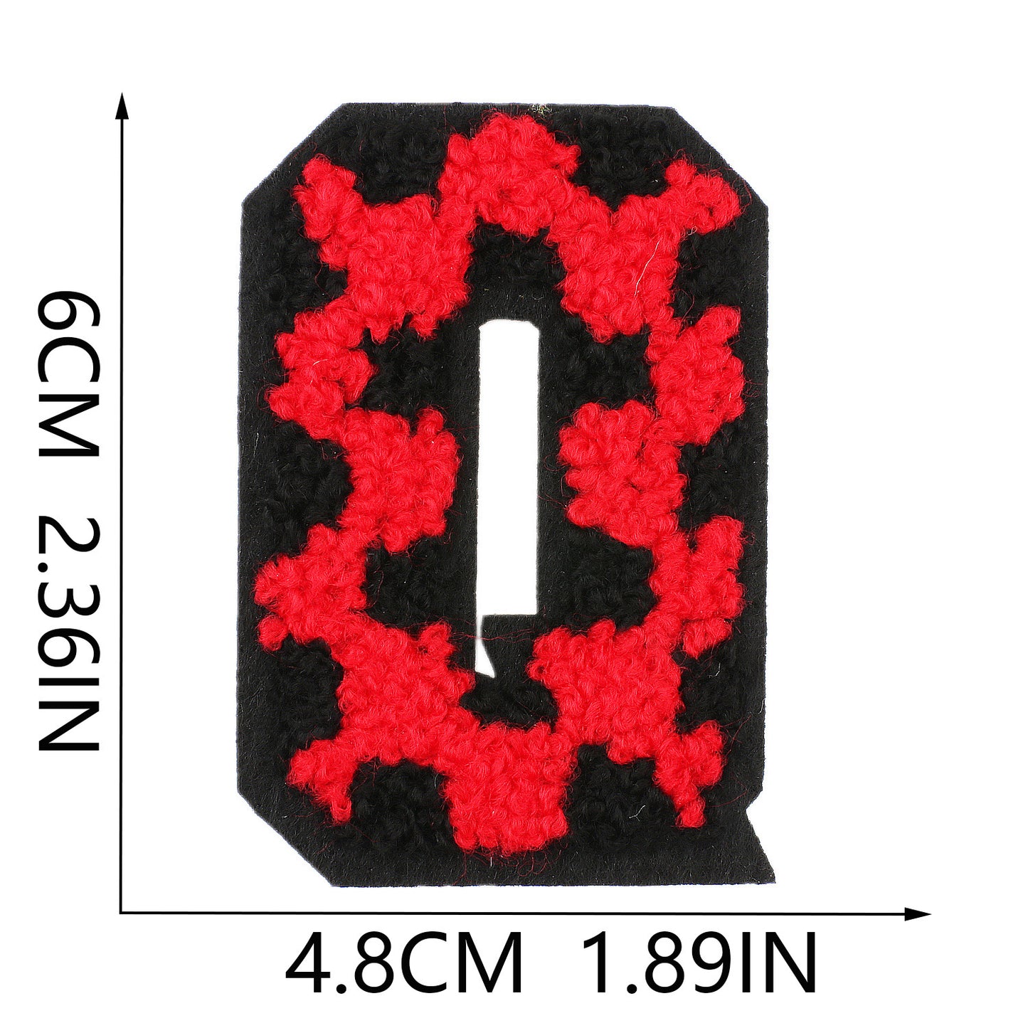 Iron-On Chenille Letter Patch – 6cm Tall, Black Base with Red Camo Dot Letter