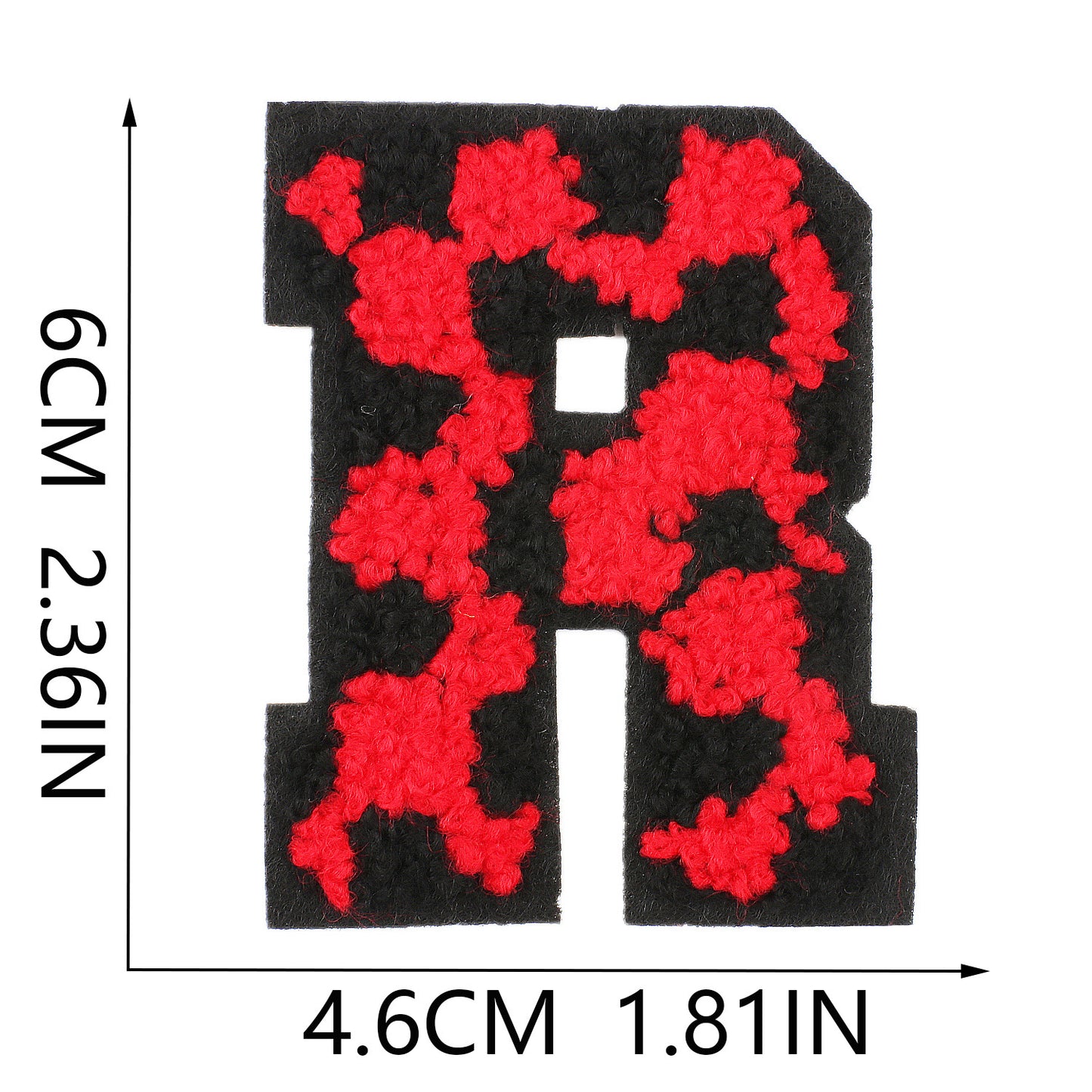 Iron-On Chenille Letter Patch – 6cm Tall, Black Base with Red Camo Dot Letter