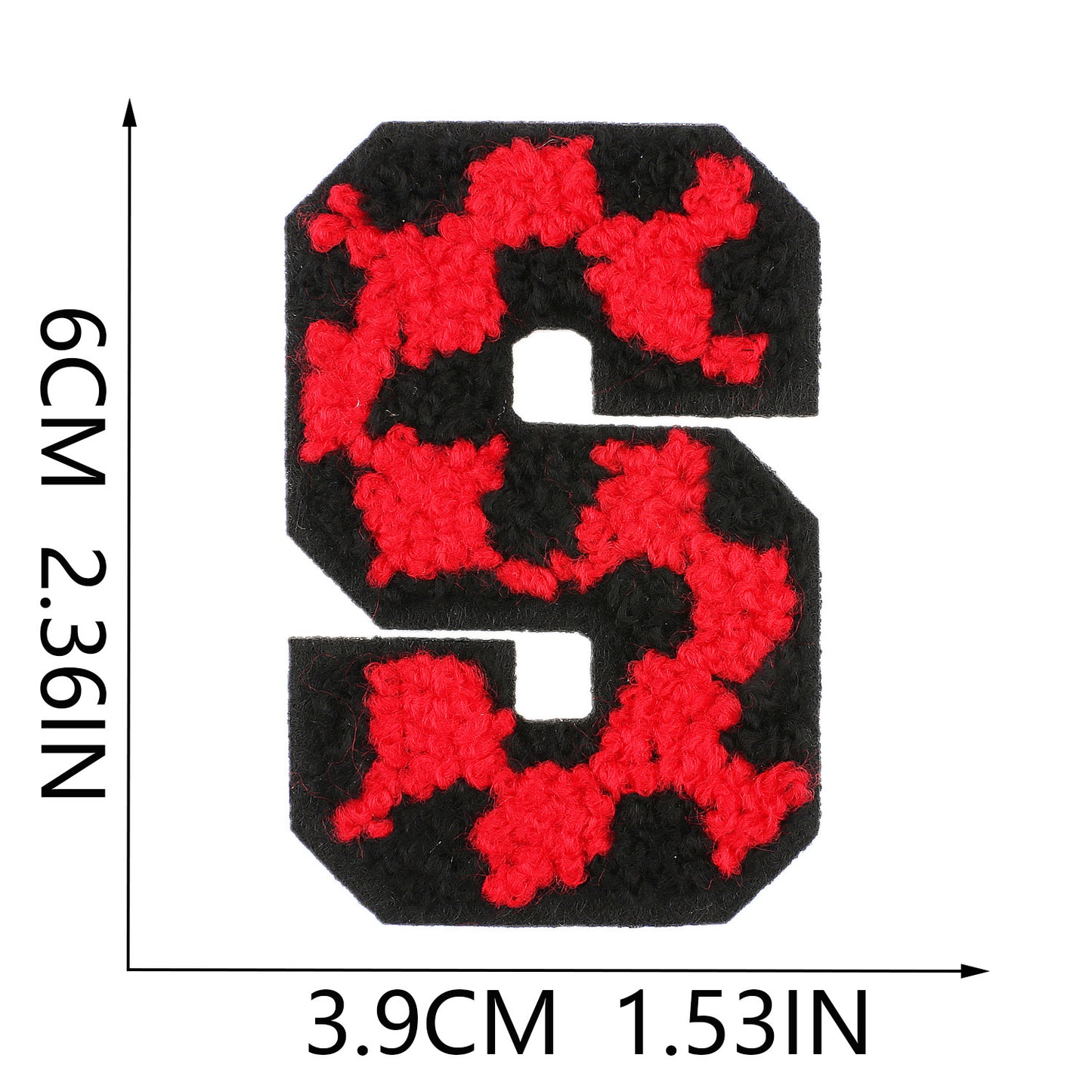 Iron-On Chenille Letter Patch – 6cm Tall, Black Base with Red Camo Dot Letter