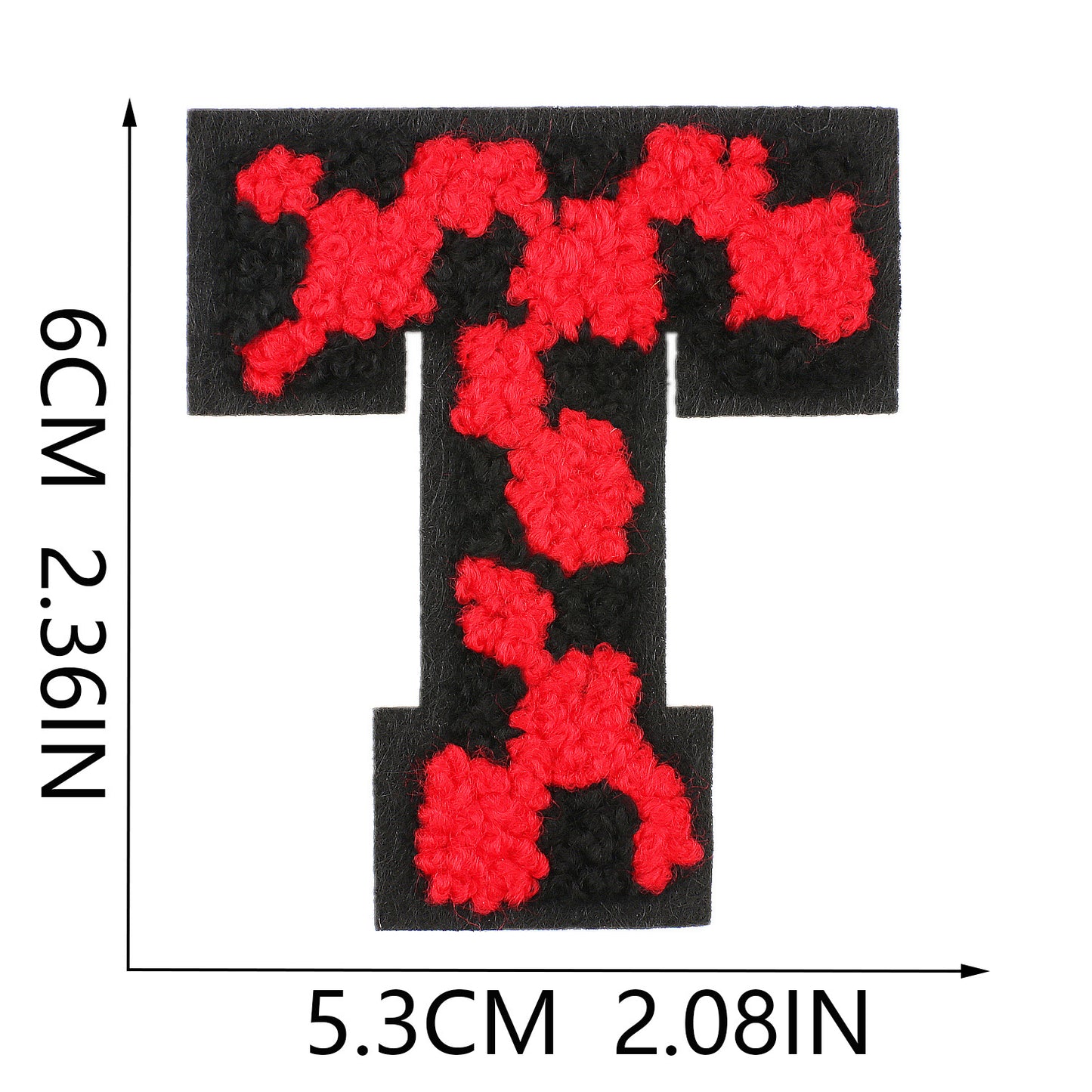 Iron-On Chenille Letter Patch – 6cm Tall, Black Base with Red Camo Dot Letter