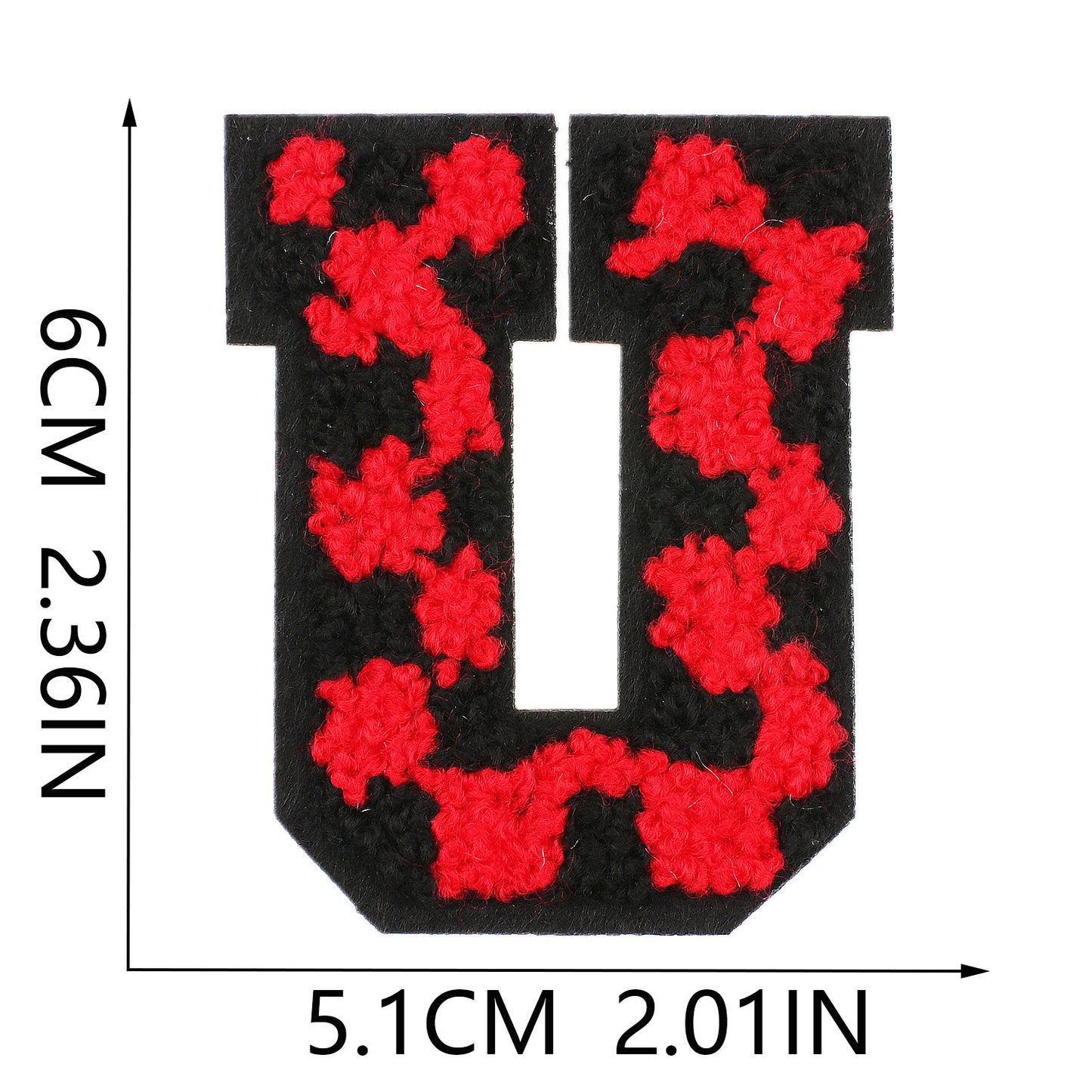 Iron-On Chenille Letter Patch – 6cm Tall, Black Base with Red Camo Dot Letter