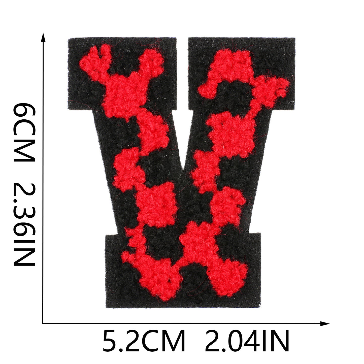 Iron-On Chenille Letter Patch – 6cm Tall, Black Base with Red Camo Dot Letter