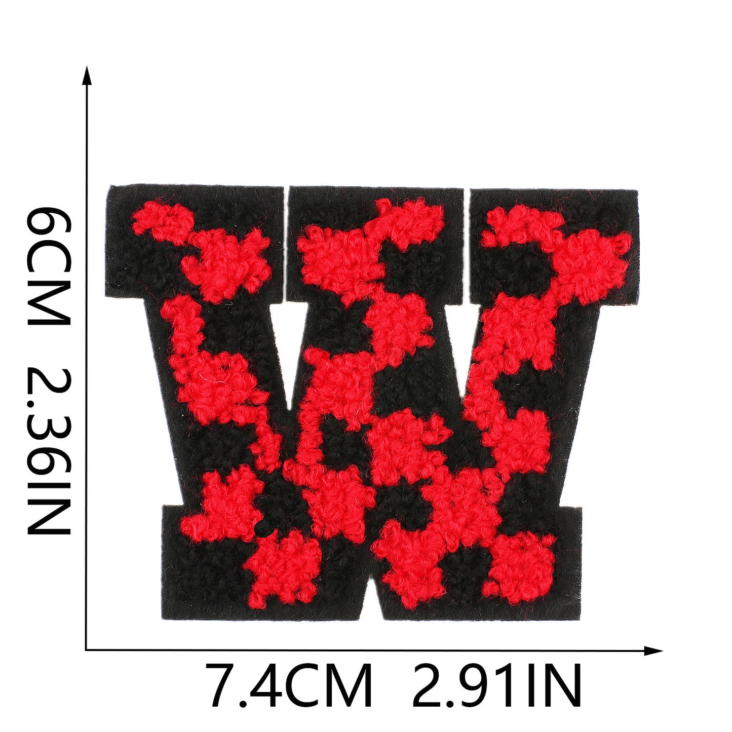 Iron-On Chenille Letter Patch – 6cm Tall, Black Base with Red Camo Dot Letter