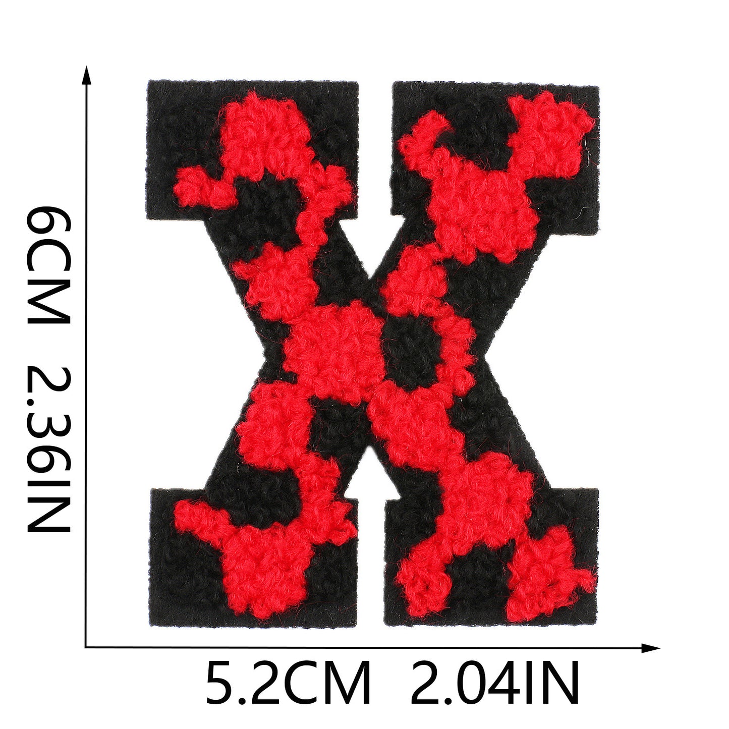 Iron-On Chenille Letter Patch – 6cm Tall, Black Base with Red Camo Dot Letter