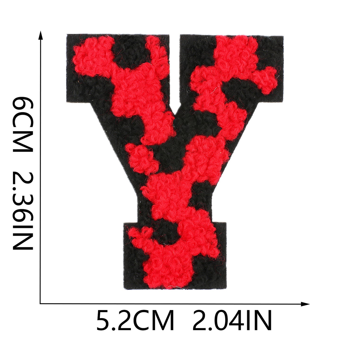 Iron-On Chenille Letter Patch – 6cm Tall, Black Base with Red Camo Dot Letter