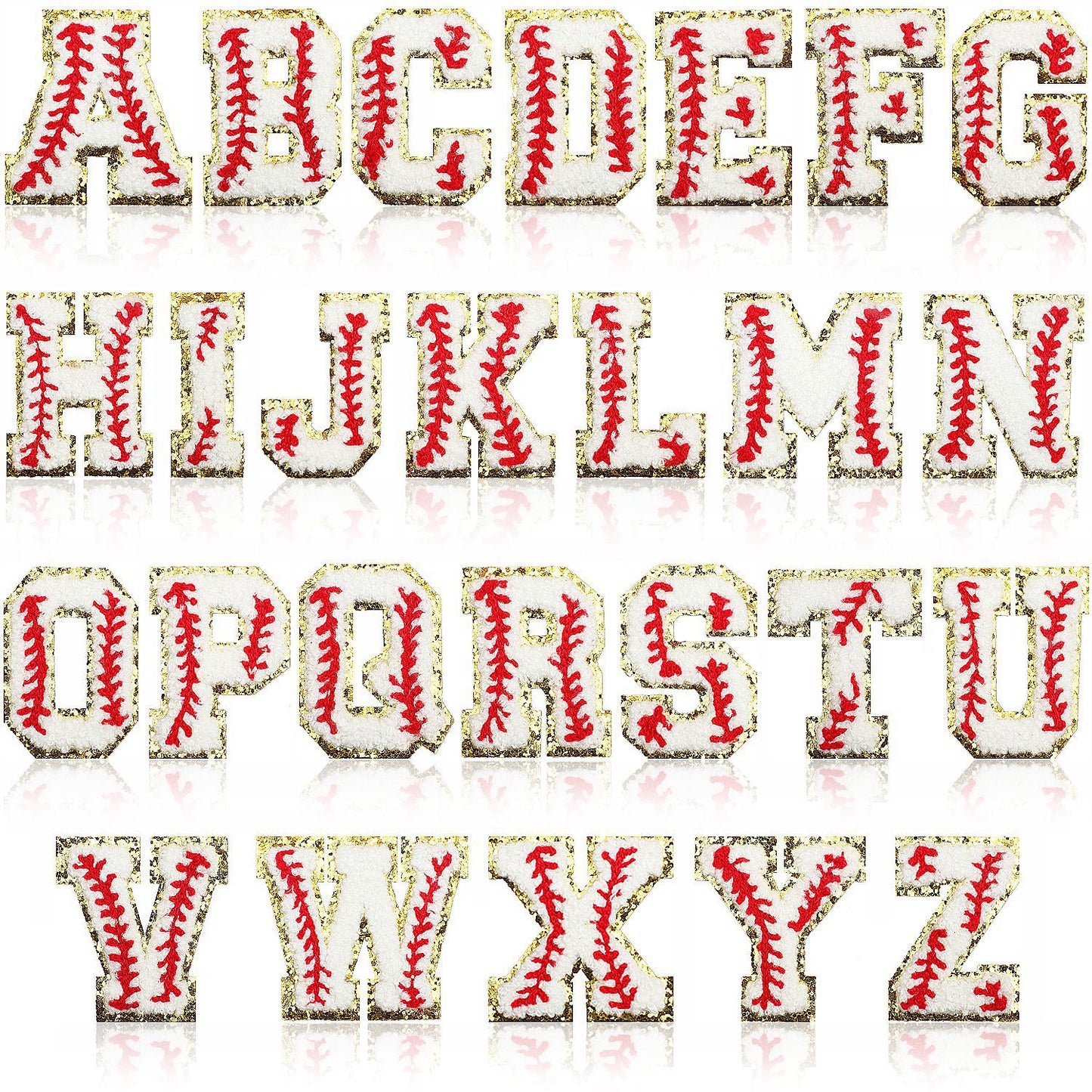 Iron-On Baseball Chenille Letter Patch – 5.5cm Tall, White/Red with Gold Glitter