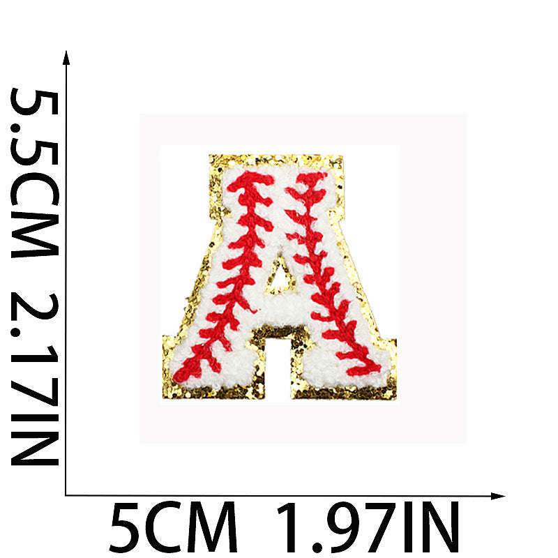 Iron-On Baseball Chenille Letter Patch – 5.5cm Tall, White/Red with Gold Glitter