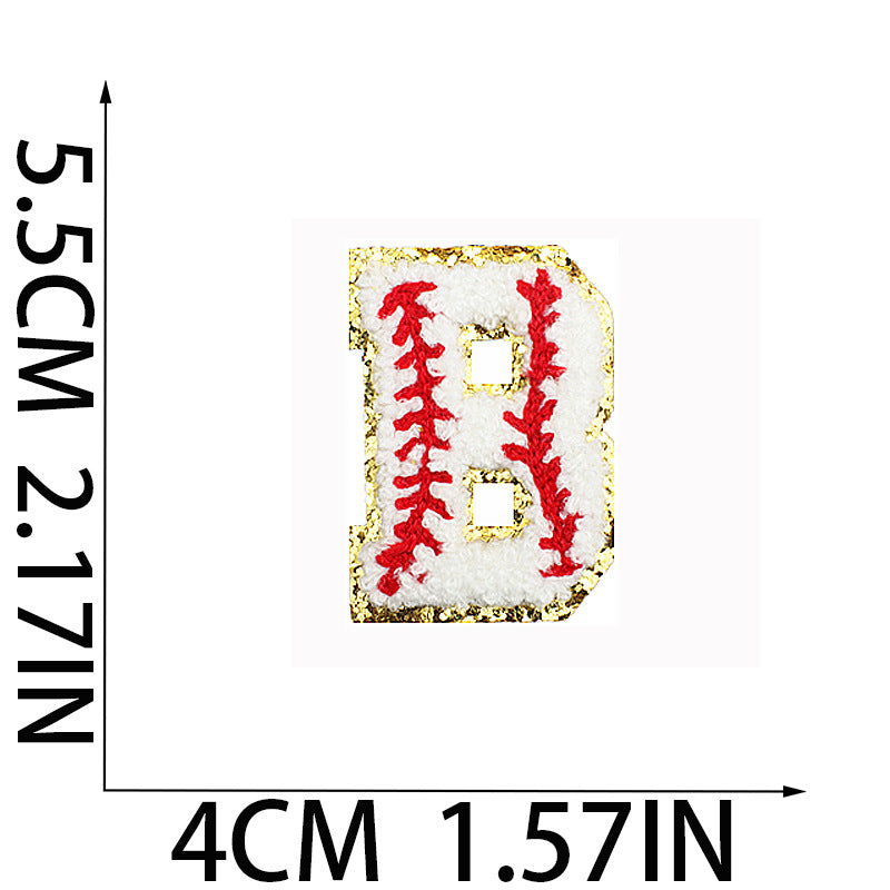 Iron-On Baseball Chenille Letter Patch – 5.5cm Tall, White/Red with Gold Glitter