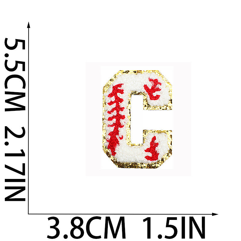 Iron-On Baseball Chenille Letter Patch – 5.5cm Tall, White/Red with Gold Glitter
