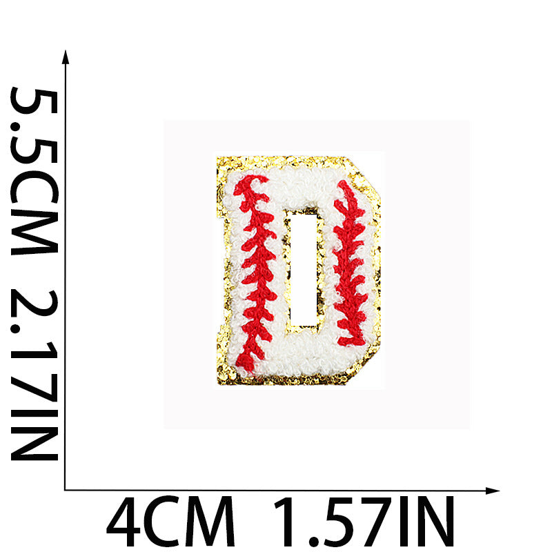 Iron-On Baseball Chenille Letter Patch – 5.5cm Tall, White/Red with Gold Glitter
