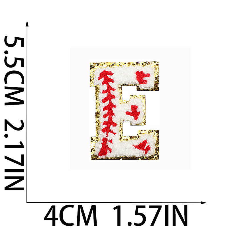 Iron-On Baseball Chenille Letter Patch – 5.5cm Tall, White/Red with Gold Glitter