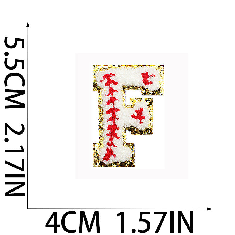 Iron-On Baseball Chenille Letter Patch – 5.5cm Tall, White/Red with Gold Glitter