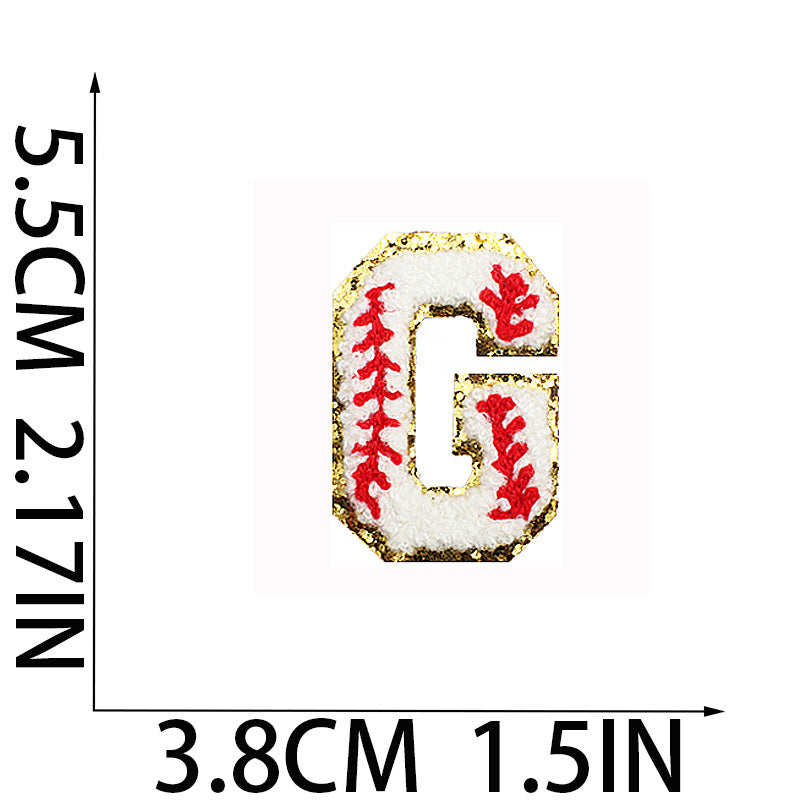 Iron-On Baseball Chenille Letter Patch – 5.5cm Tall, White/Red with Gold Glitter