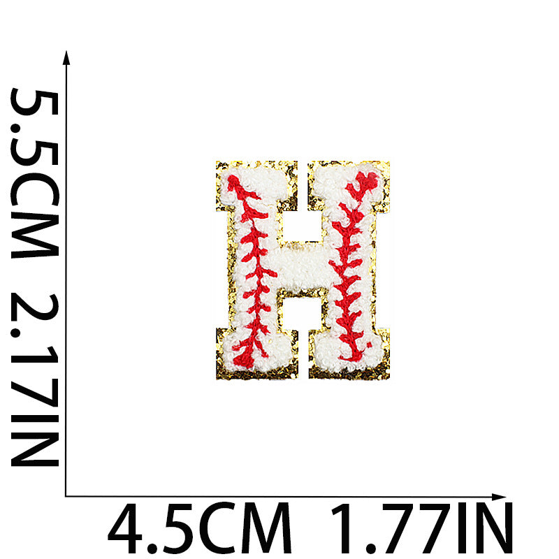 Iron-On Baseball Chenille Letter Patch – 5.5cm Tall, White/Red with Gold Glitter
