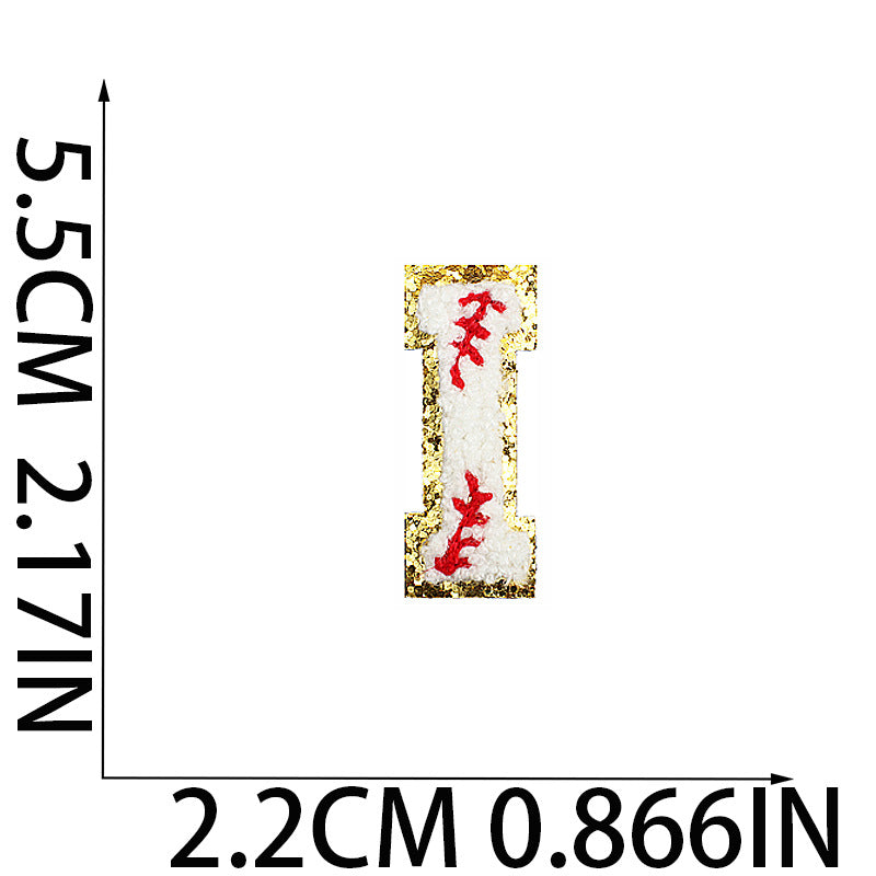 Iron-On Baseball Chenille Letter Patch – 5.5cm Tall, White/Red with Gold Glitter