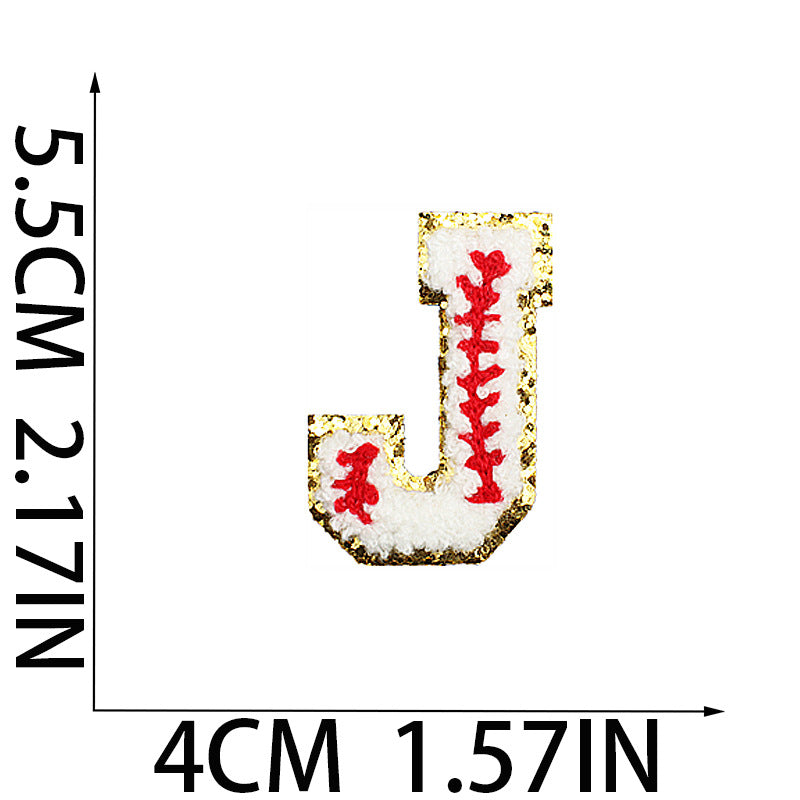 Iron-On Baseball Chenille Letter Patch – 5.5cm Tall, White/Red with Gold Glitter
