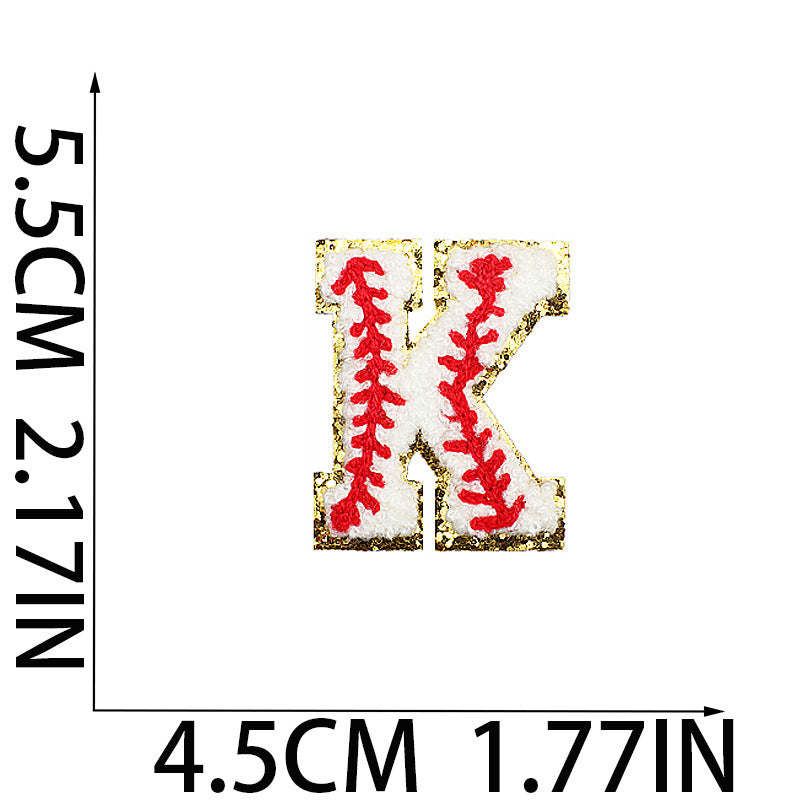 Iron-On Baseball Chenille Letter Patch – 5.5cm Tall, White/Red with Gold Glitter