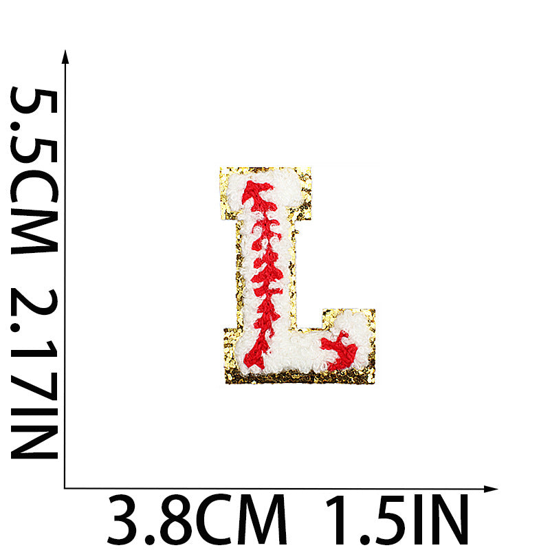 Iron-On Baseball Chenille Letter Patch – 5.5cm Tall, White/Red with Gold Glitter