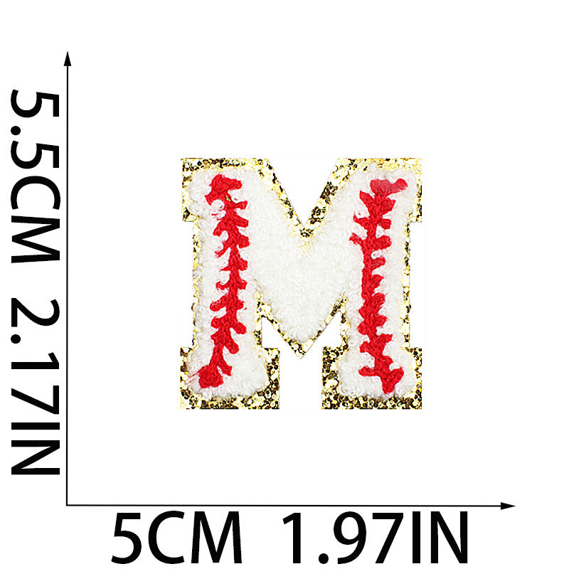 Iron-On Baseball Chenille Letter Patch – 5.5cm Tall, White/Red with Gold Glitter