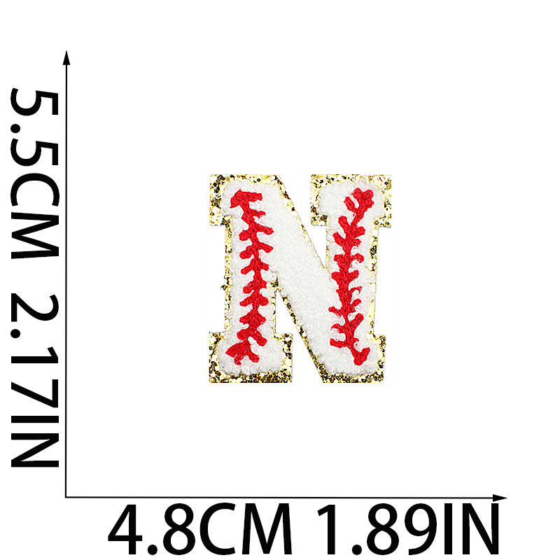 Iron-On Baseball Chenille Letter Patch – 5.5cm Tall, White/Red with Gold Glitter