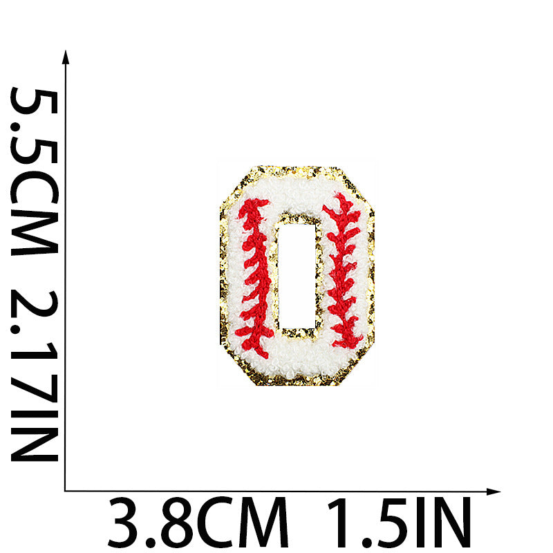 Iron-On Baseball Chenille Letter Patch – 5.5cm Tall, White/Red with Gold Glitter