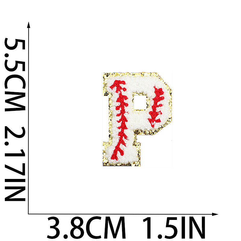 Iron-On Baseball Chenille Letter Patch – 5.5cm Tall, White/Red with Gold Glitter
