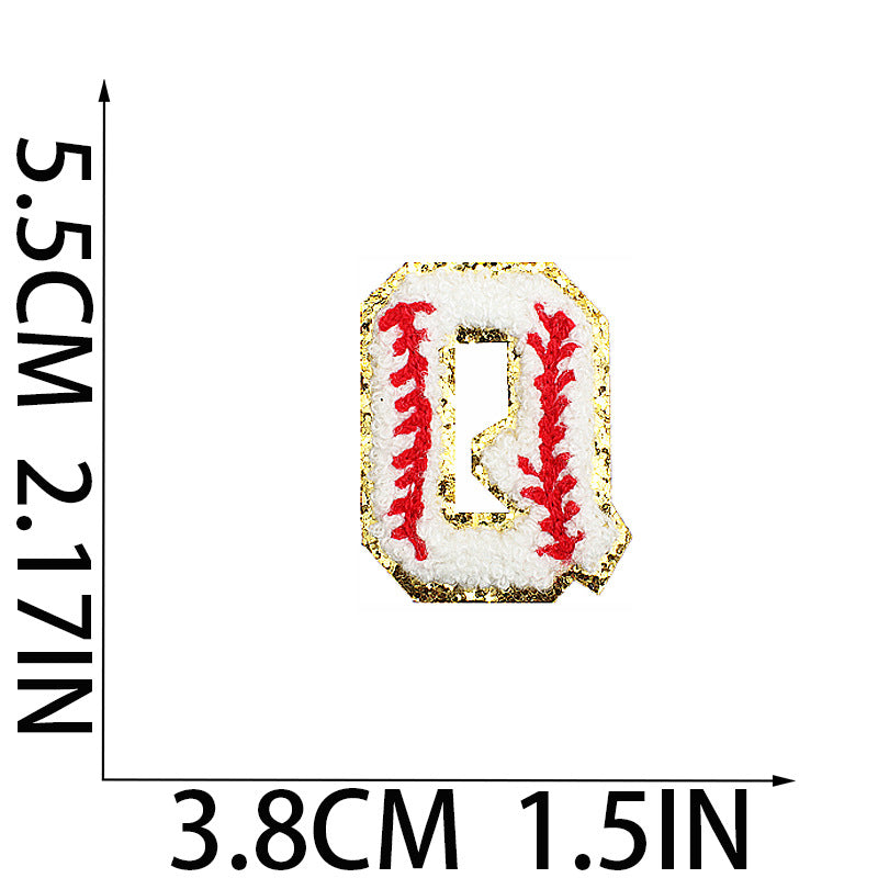 Iron-On Baseball Chenille Letter Patch – 5.5cm Tall, White/Red with Gold Glitter